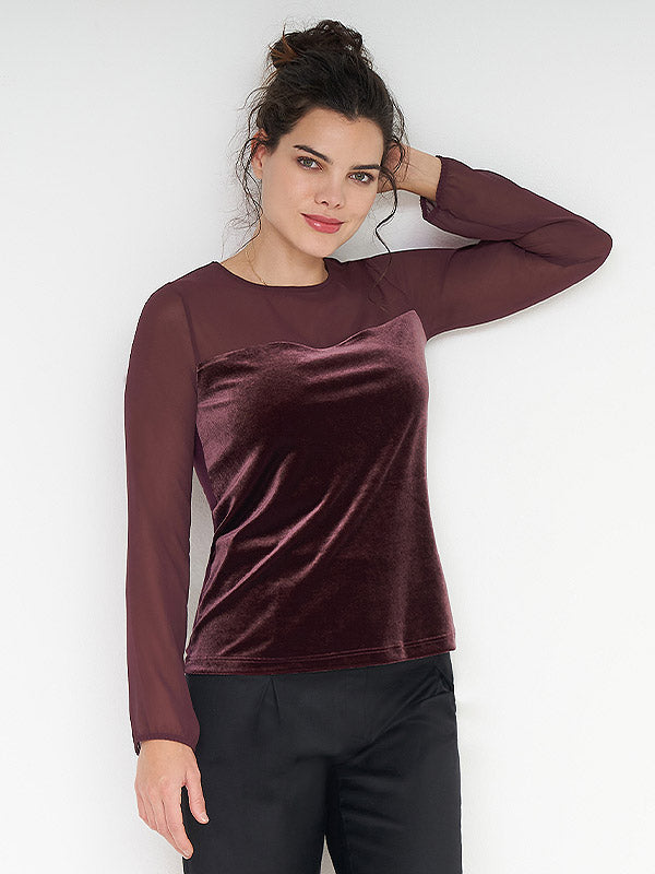 EMMEBIVI aksominė palaidinė su perregimu viršumi ir rankovėmis "Umma Bordeaux"