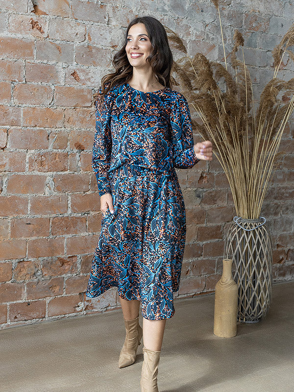 Lega veliūrinis midi sijonas "Sanura Black - Blue - Orange Floral Print Velour"