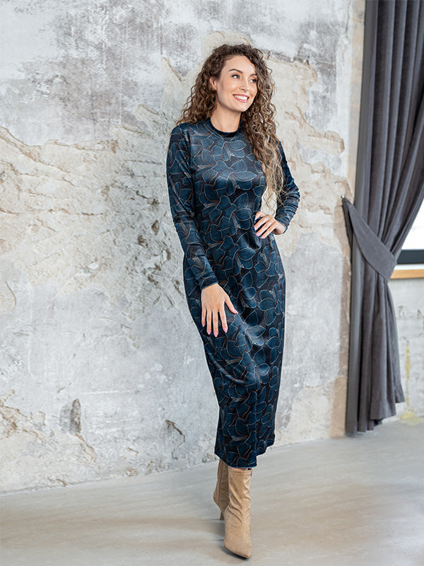 Lega veliūrinė midi suknelė "Amberly Navy - Turquoise Flower Print Velour"
