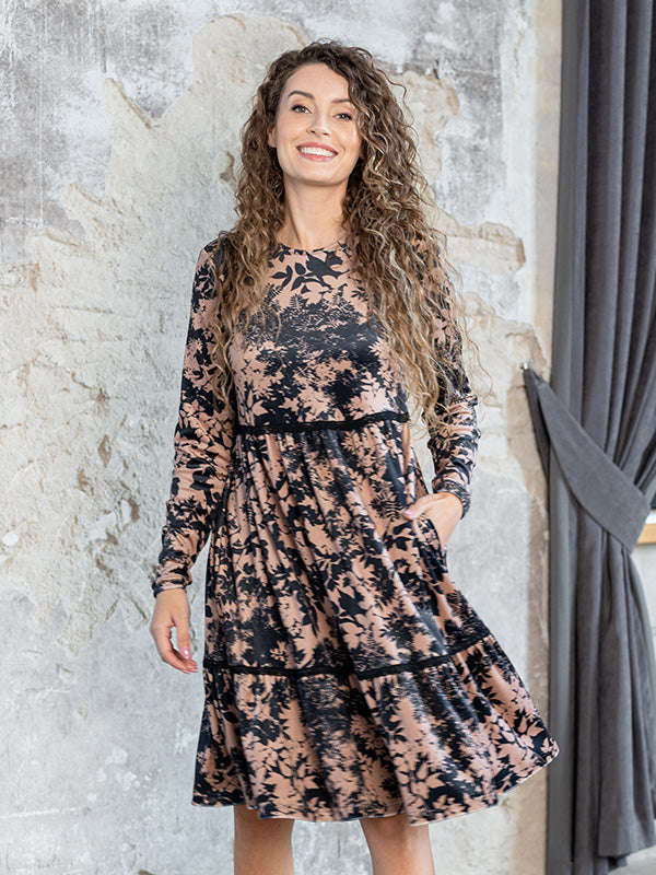 Lega laisvo silueto veliūrinė suknelė "Rafaela Black - Brown Flower Print Velour"