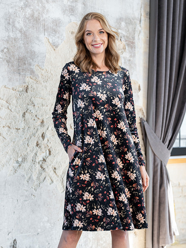 Lega laisvo silueto veliūrinė suknelė "Rosie Black - Multicolor Flower Print Velour"