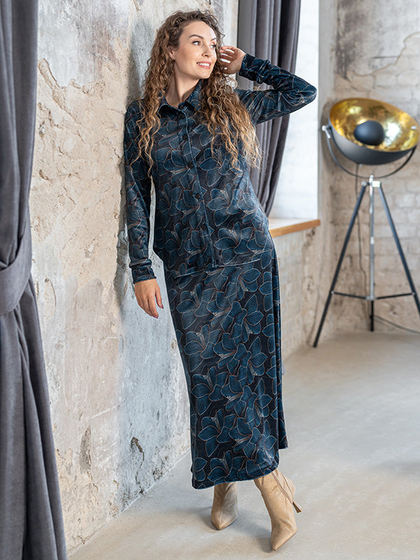 Lega ilgas veliūrinis sijonas "Viki Navy - Turquoise Flower Print Velour"