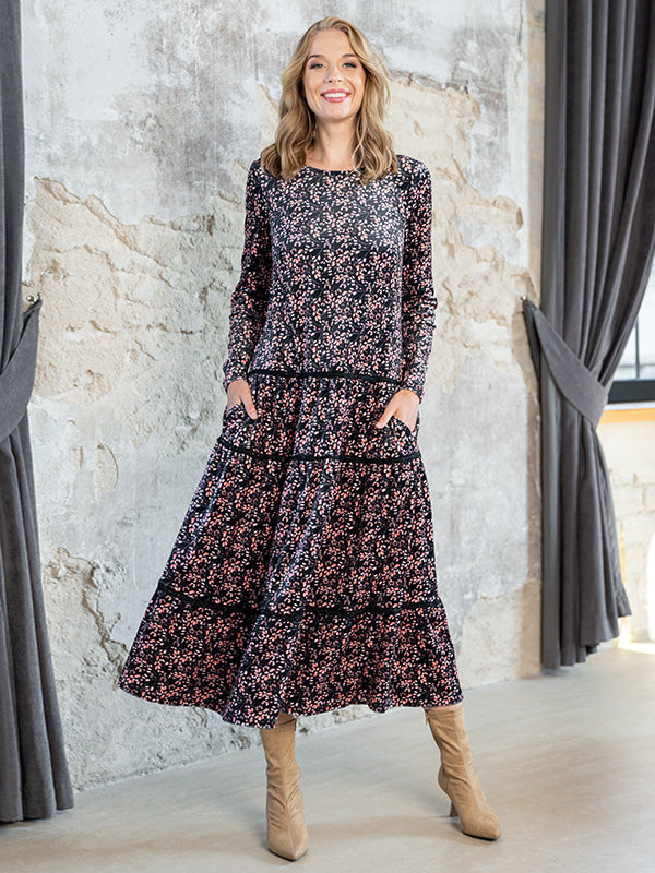Lega veliūrinė midi suknelė "Kayla Black - Rose Flower Print Velour"