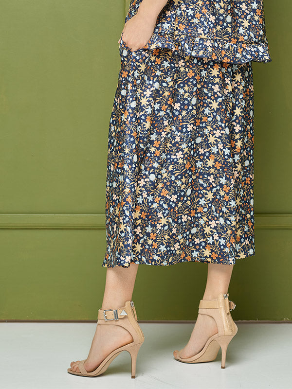 Lega atlasinis midi sijonas "Holly Navy - Multicolor Flower Print"