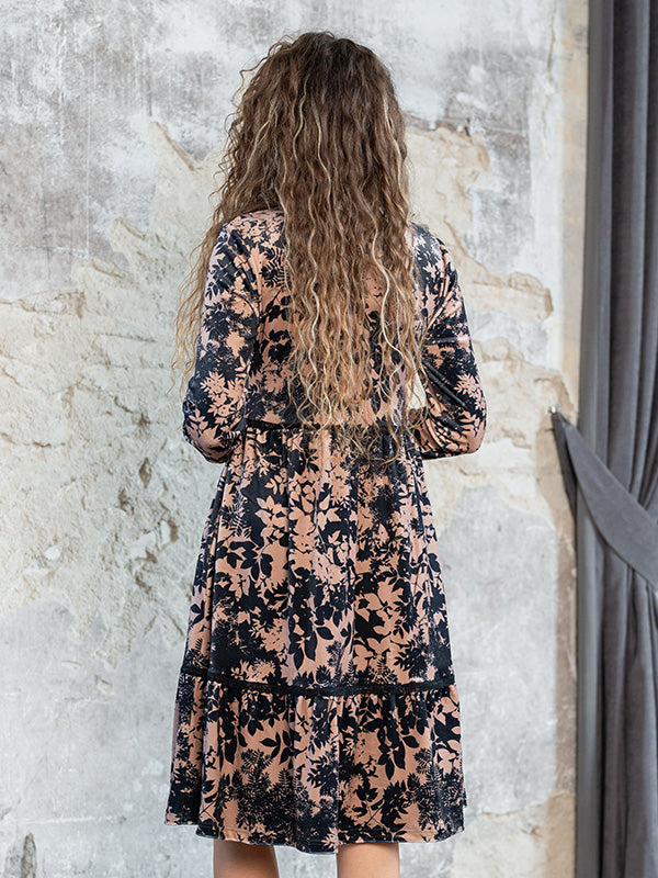 Lega laisvo silueto veliūrinė suknelė "Rafaela Black - Brown Flower Print Velour"