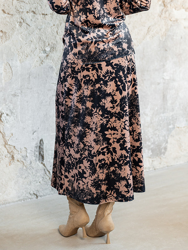 Lega ilgas veliūrinis sijonas "Viki Black - Brown Floral Print Velour"