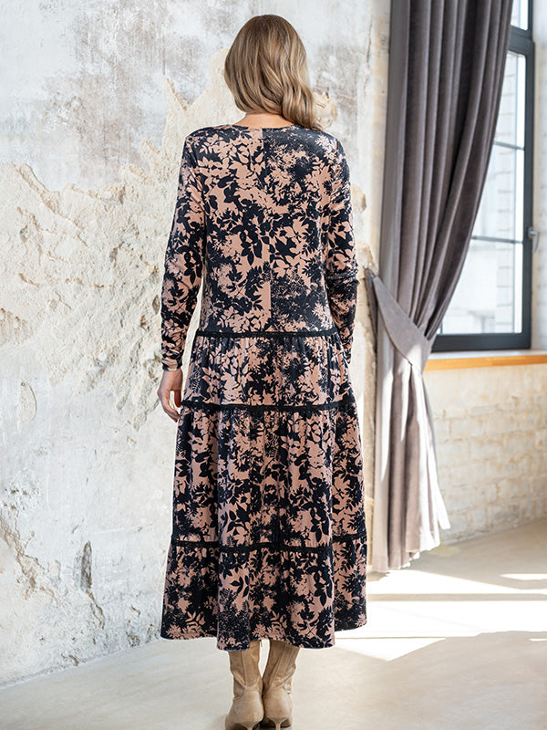 Lega veliūrinė midi suknelė "Kayla Black - Brown Flower Print Velour"