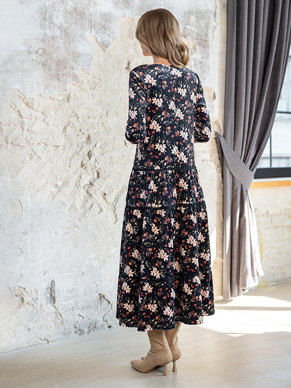 Lega veliūrinė midi suknelė "Kayla Black - Multicolor Flower Print Velour"