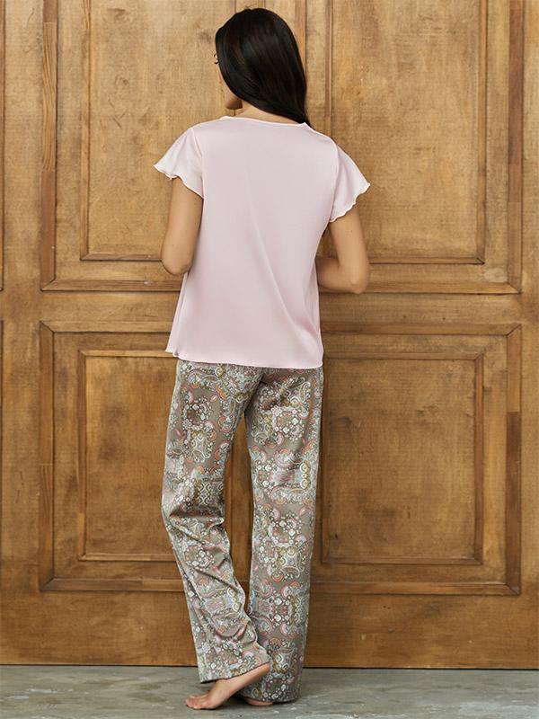 Lega pikkade pükstega atlassist pidžaama "Madona Light Pink - Multicolor Ornament Print"
