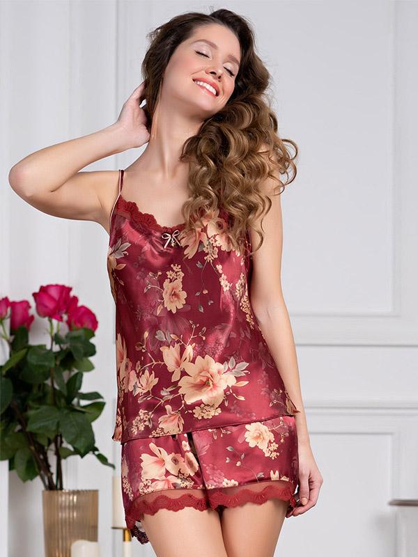 MiaMia шёлковая пижама "Burgundia Bordeaux Flower Print"