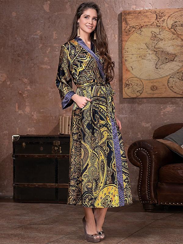 MiaMia pikk siidist hommikumantel "Armani Gold Dark Blue Ornament Print"