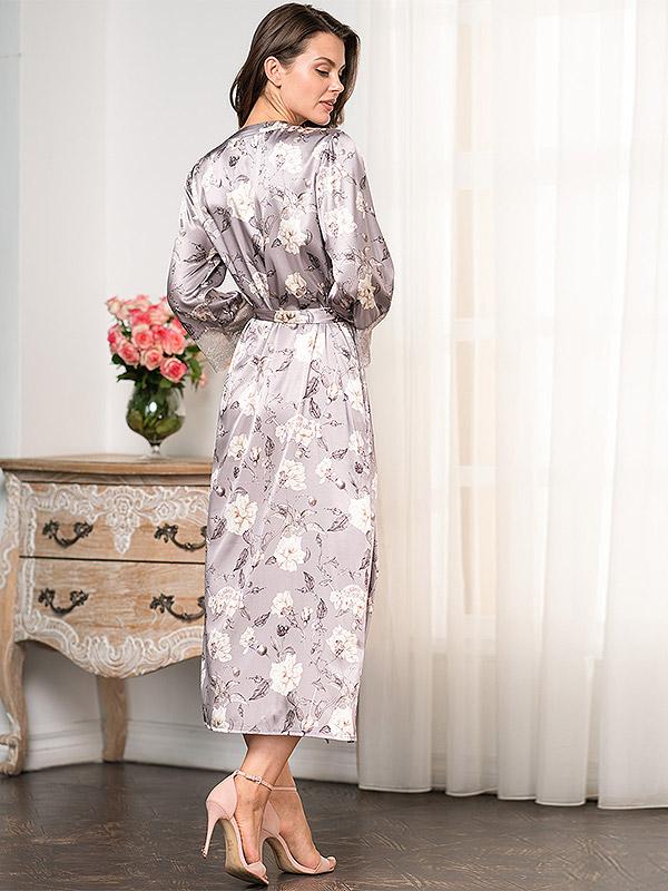 MiaMia pikk siidist nööpidega ja pitsiga hommikumantel "Gracia Silver Pearl Flower Print"