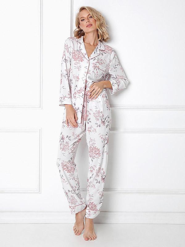 Aruelle viskoosist pidžaama "Daphne Long White - Pink Flower Print"