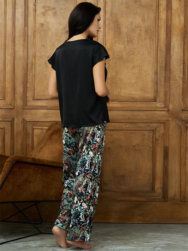 Lega pikkade pükstega atlassist pidžaama "Madona Black - Multicolor Floral Print"