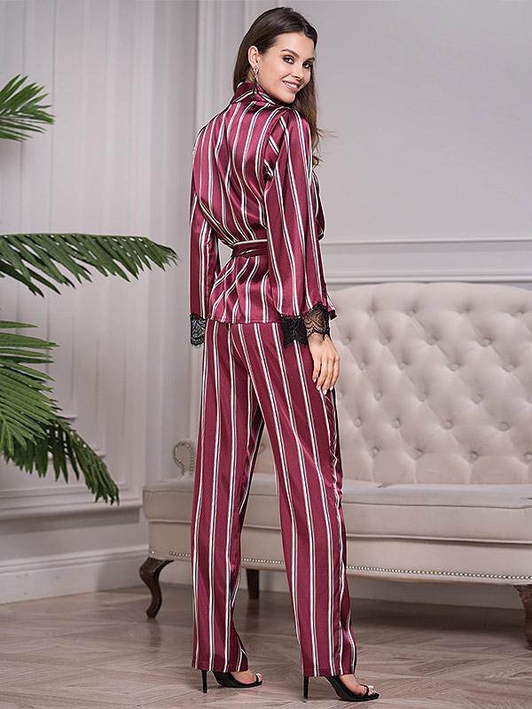 MiaMia длинный атласный пижамный комплект из 3 частей "Normandia Bordeaux - White Stripes"