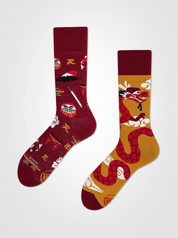 Many Mornings unisex puuvillased sokid "Asian Dragon Bordeaux - Yellow - Red"