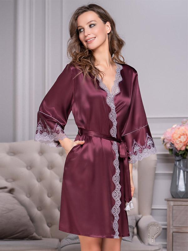 MiaMia шёлковый халат с кружевом "Laura Bordeaux"