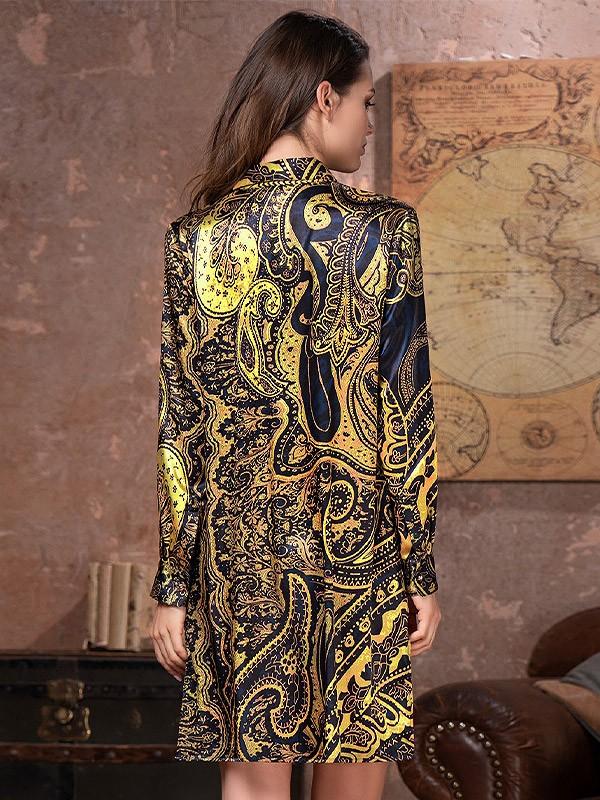MiaMia siidine nööpidega hommikumantel "Armani Gold Dark Blue Ornament Print"