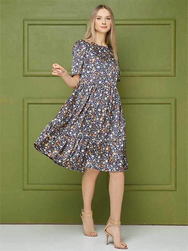 Lega lahtise siluetiga satiinist kleit "Mariella Navy - Multicolor Flower Print"