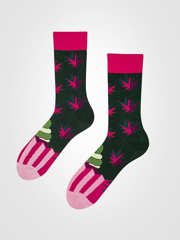 Spalvotos Kojines unisex puuvillased sokid "Cannabis Cupcakes Dark Green - Pink"