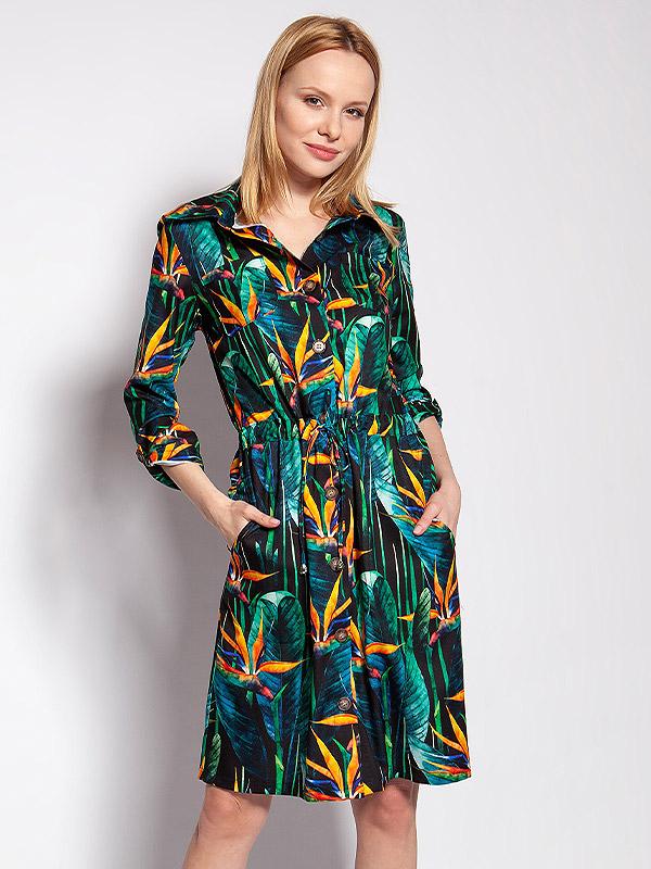 Lanti nööbitav kleit "Daria Green - Orange Bamboo Flower Print"