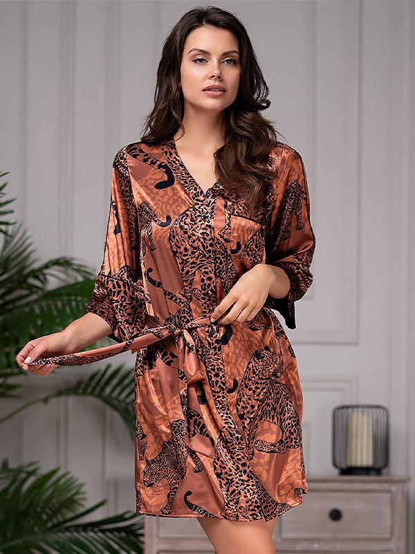 MiaMia siidist hommikumantel "Amazonka Brown - Black Cheetah Print"