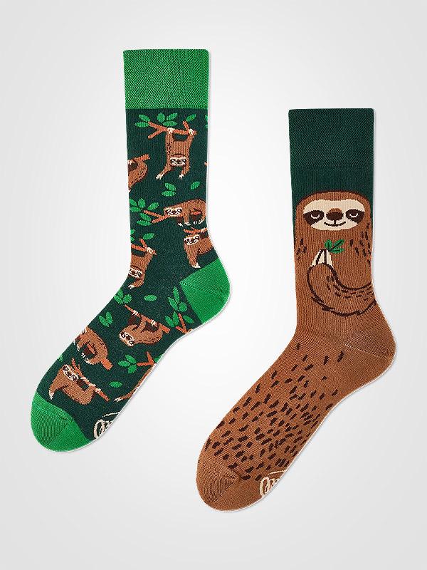 Many Mornings unisex puuvillased sokid "Sloth Life Green - Brown"