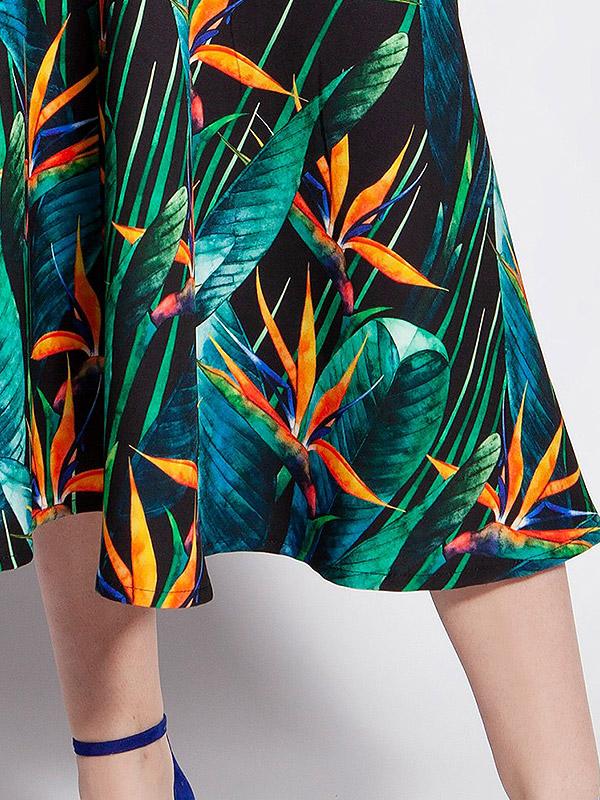 Lanti lahtiste õlgadega kleit "Dorota Green - Orange Bamboo Flower Print"