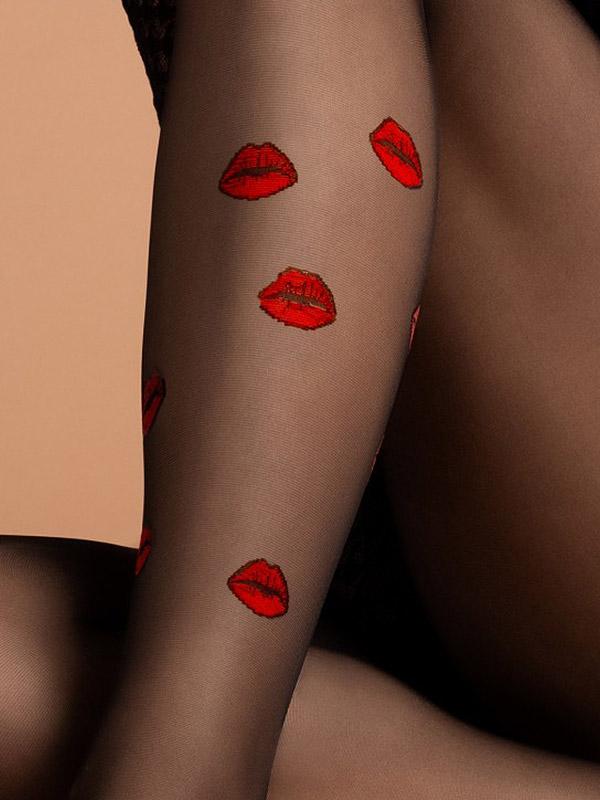 Fiore mustrilised sukkpüksid "Kiss Me 15 Den Black - Red Lips"