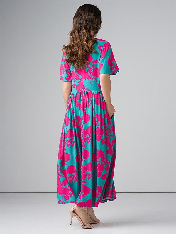 Lega maxi viskoosist kleit "Adita Green - Fuchsia Flower Print"