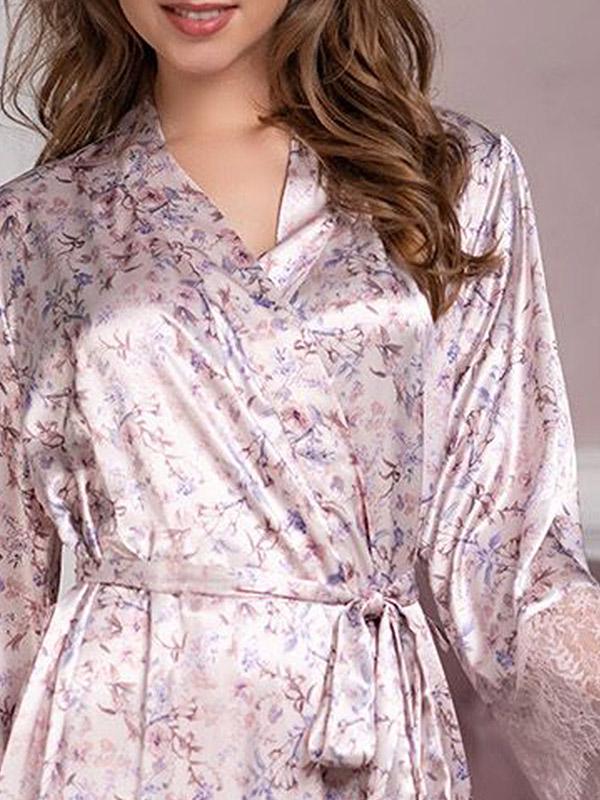 MiaMia pitsiga siidist pikk hommikumantel "Vladlena Long Pearl - Multicolor Floral Print"