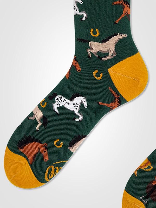 Many Mornings unisex puuvillased sokid "Horse Derby Green - Yellow - Brown"