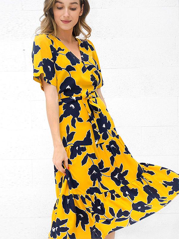 Atella viskoosist kleit "Bella Yellow - Navy Flowers Print"