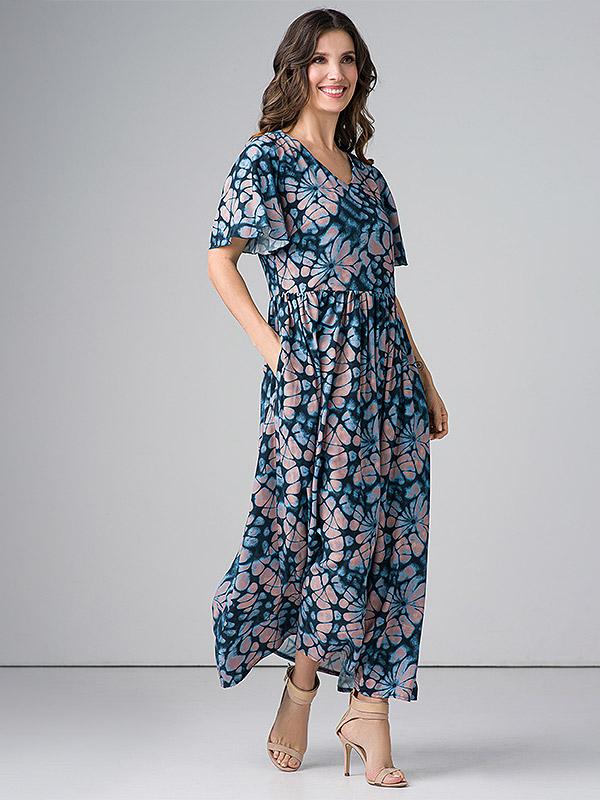 Lega maxi viskoosist kleit "Adita Navy - Blue - Beige Ornament Print"