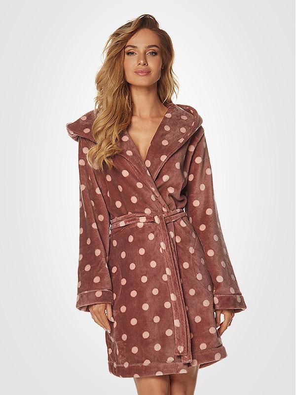 L&L lühike kapuutsiga hommikumantel "Lindy Chocolate - Pink Dots"