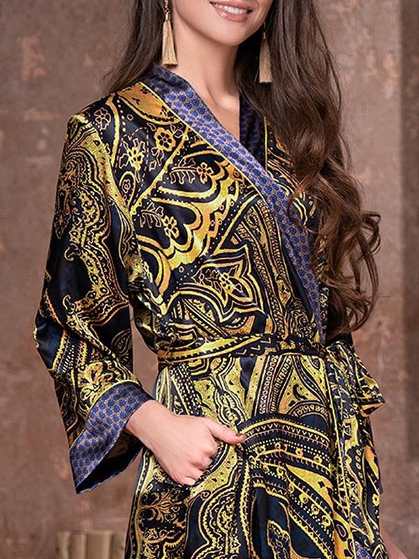 MiaMia pikk siidist hommikumantel "Armani Gold Dark Blue Ornament Print"