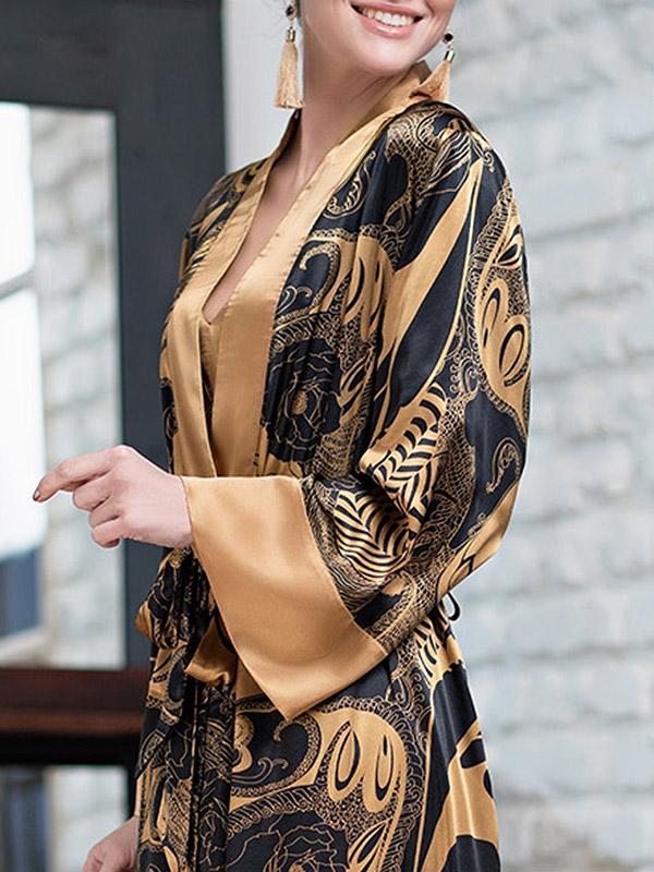 MiaMia pikk siidist hommikumantel "Antika Long Black - Gold"