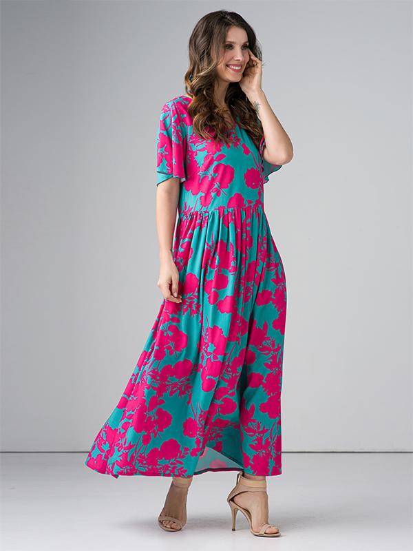 Lega maxi viskoosist kleit "Adita Green - Fuchsia Flower Print"
