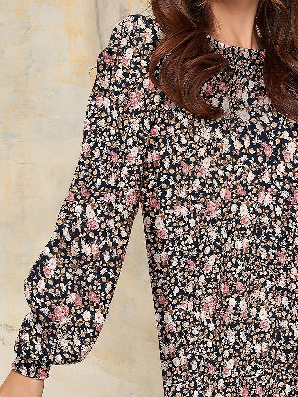 Lega veluurist sirge lõikega kleit "Neda Black - Cream - Rose Flower Print Velour"