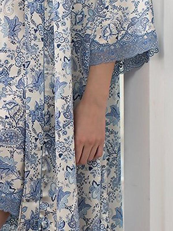MiaMia siidist hommikumantel "Dolce Vita Pearl - Blue Floral Print"