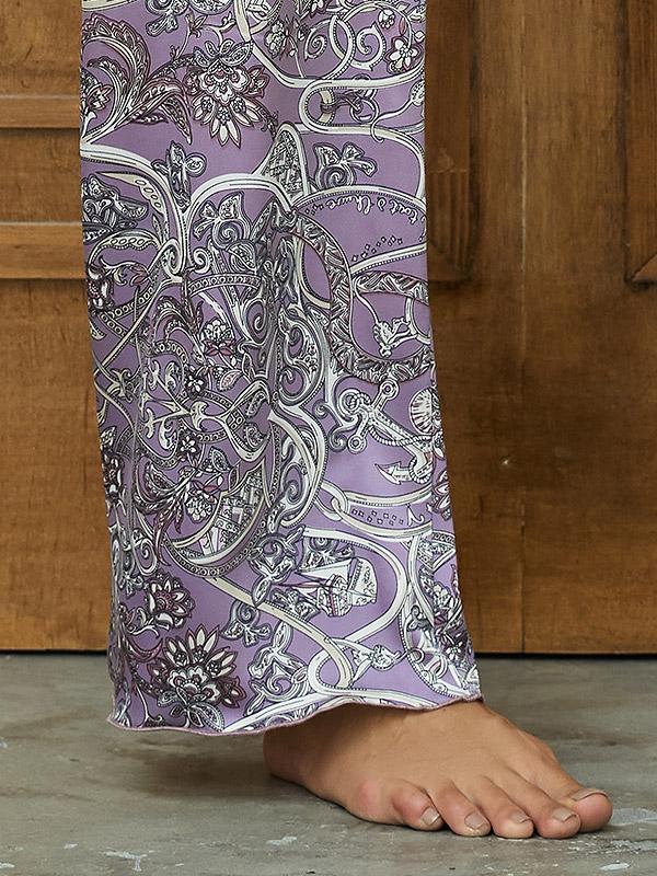 Lega pikkade pükstega atlassist pidžaama "Madona Lavender- White - Beige Ornament Print"