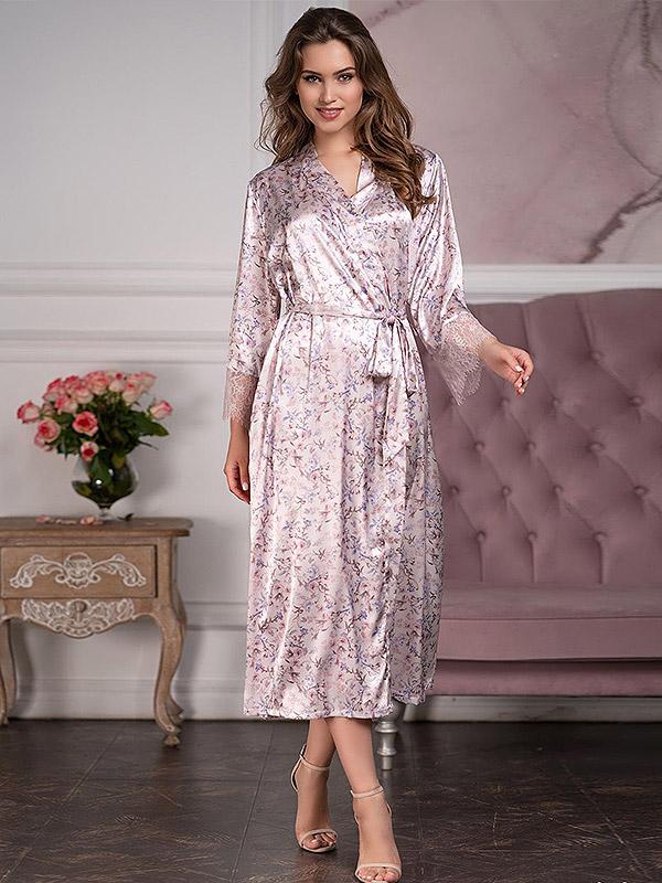 MiaMia pitsiga siidist pikk hommikumantel "Vladlena Long Pearl - Multicolor Floral Print"