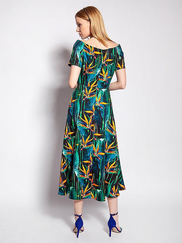 Lanti lahtiste õlgadega kleit "Dorota Green - Orange Bamboo Flower Print"