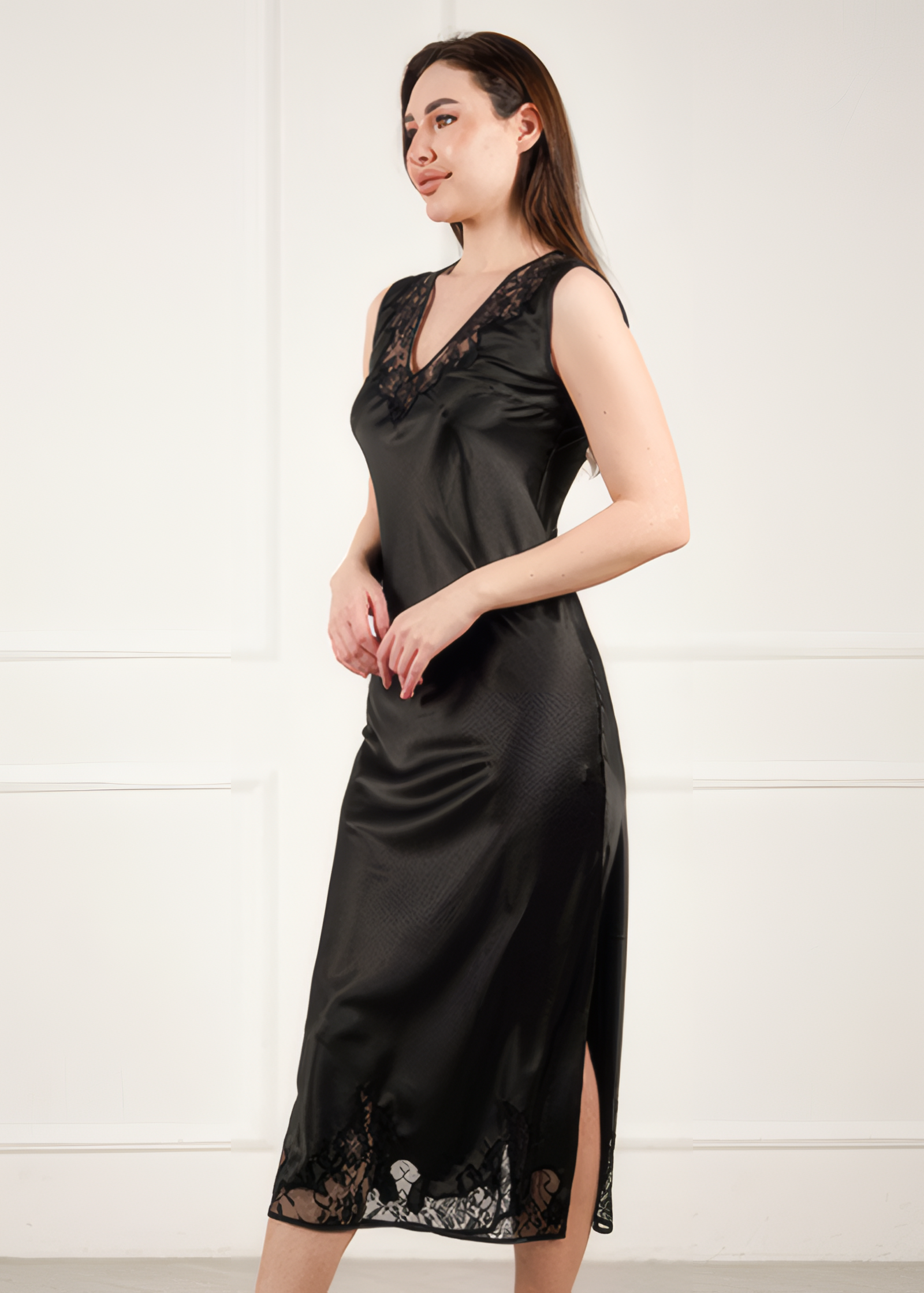 Komilfo Long Silk Nightdress Magnolia Long Black