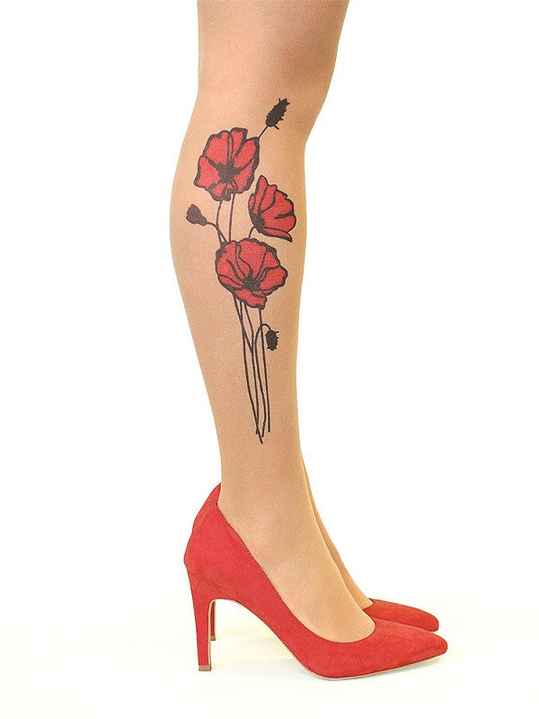 Stop & Stare pėdkelnės su tatuiruote "Red Poppies 20 Den Sun"