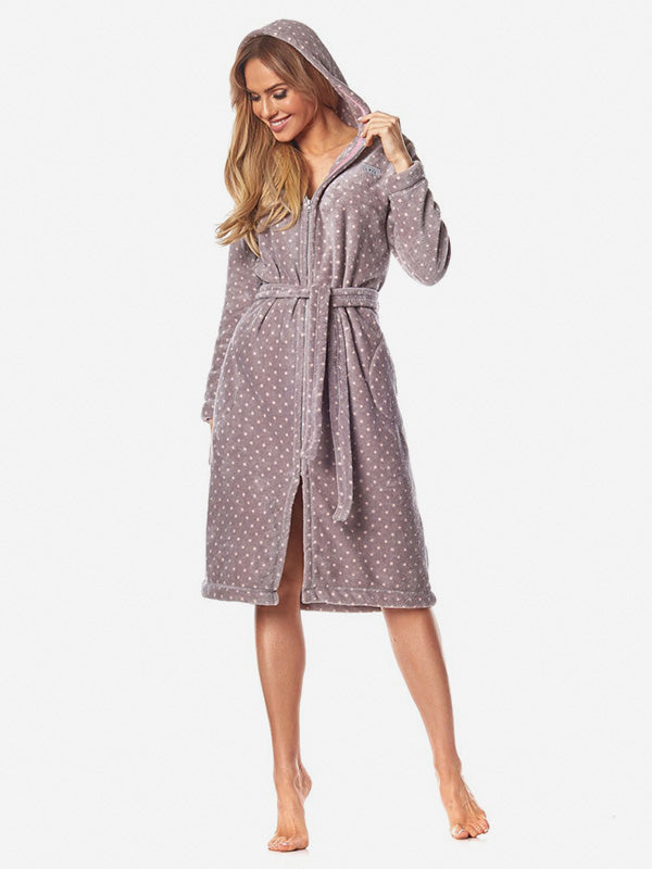 L&L Zip-up Dressing Gown Zora Grey - Pink Dots