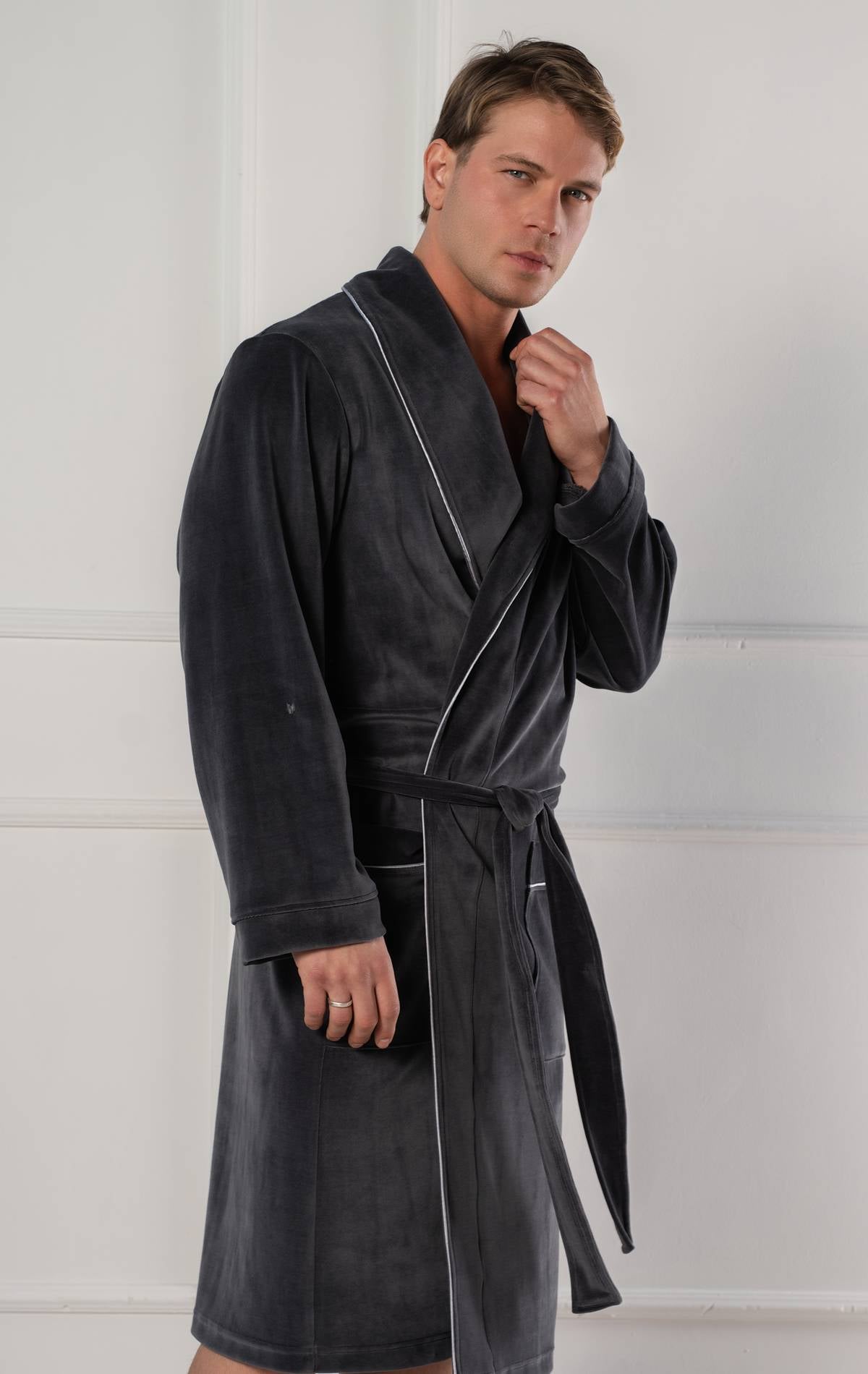 Belmanetti Men's Cotton Bathrobe Roberto Dark Grey Velour