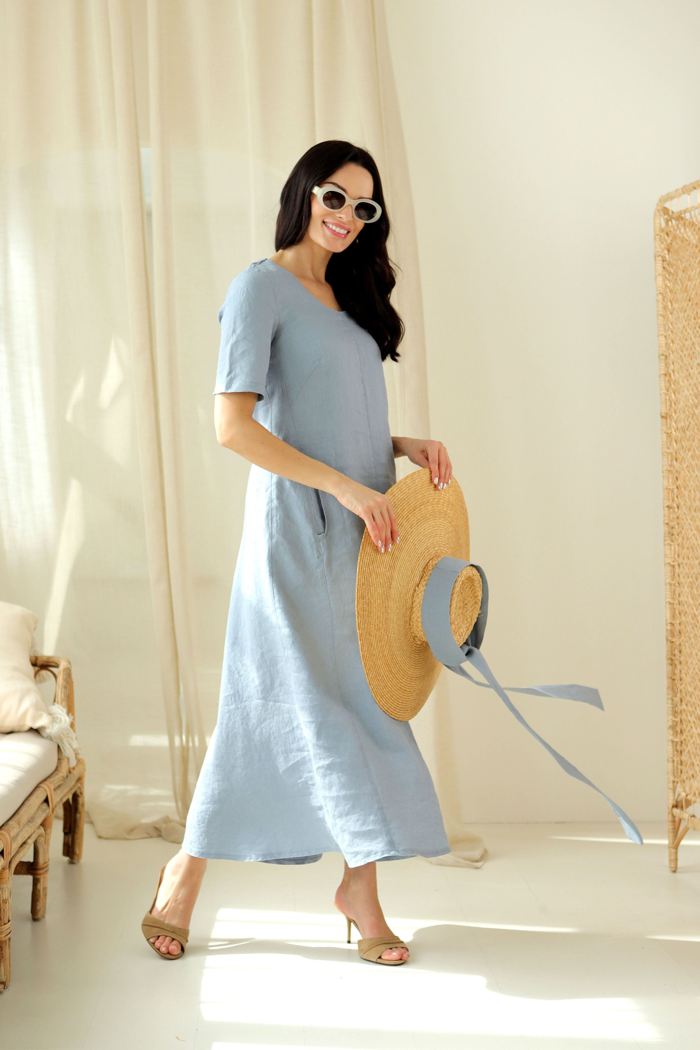 Lega Maxi Linen Dress Jenny Greyish - Blue