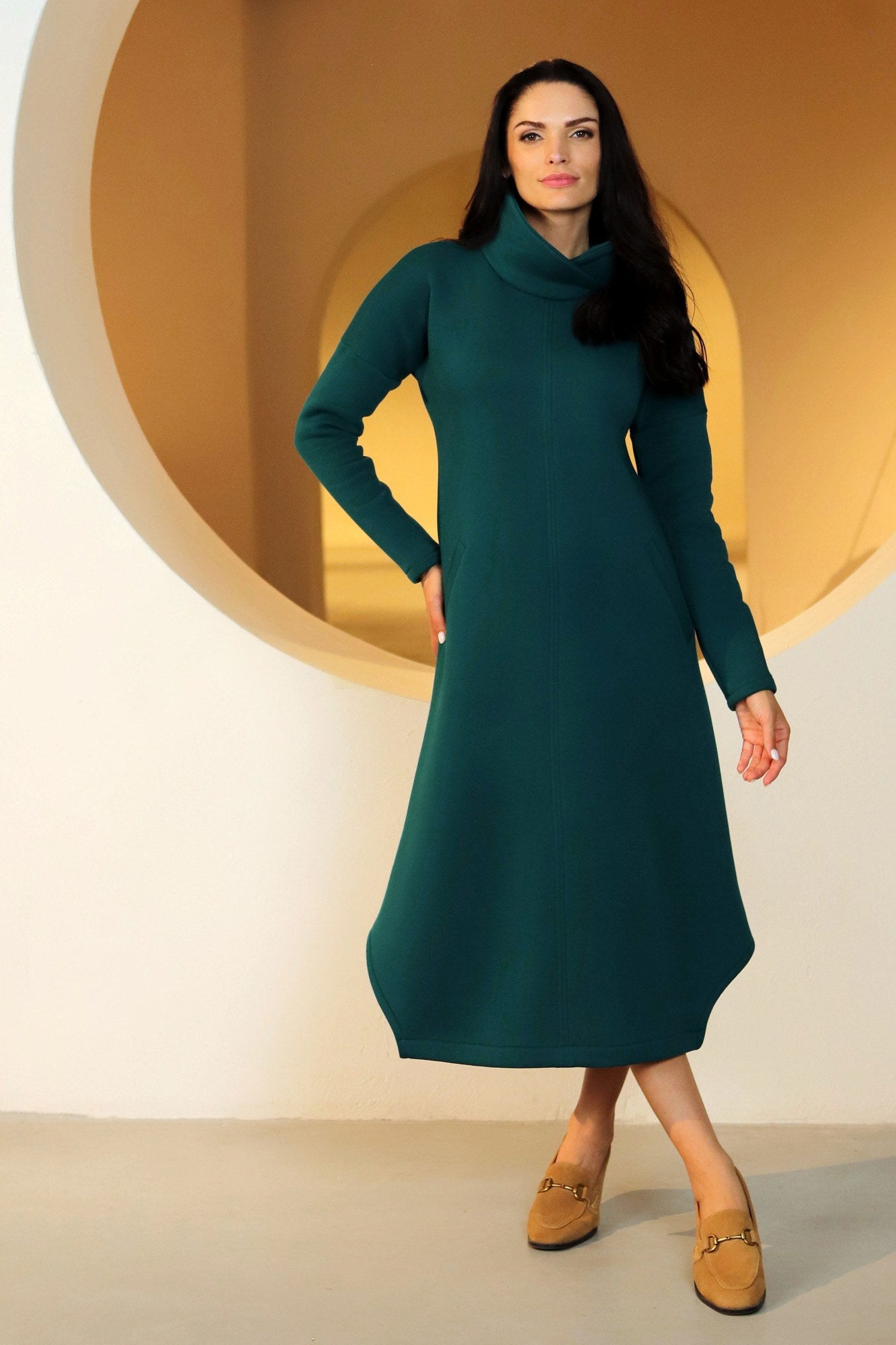 Lega Long Cotton A-Line Dress with Pockets Lyra Emerald Green