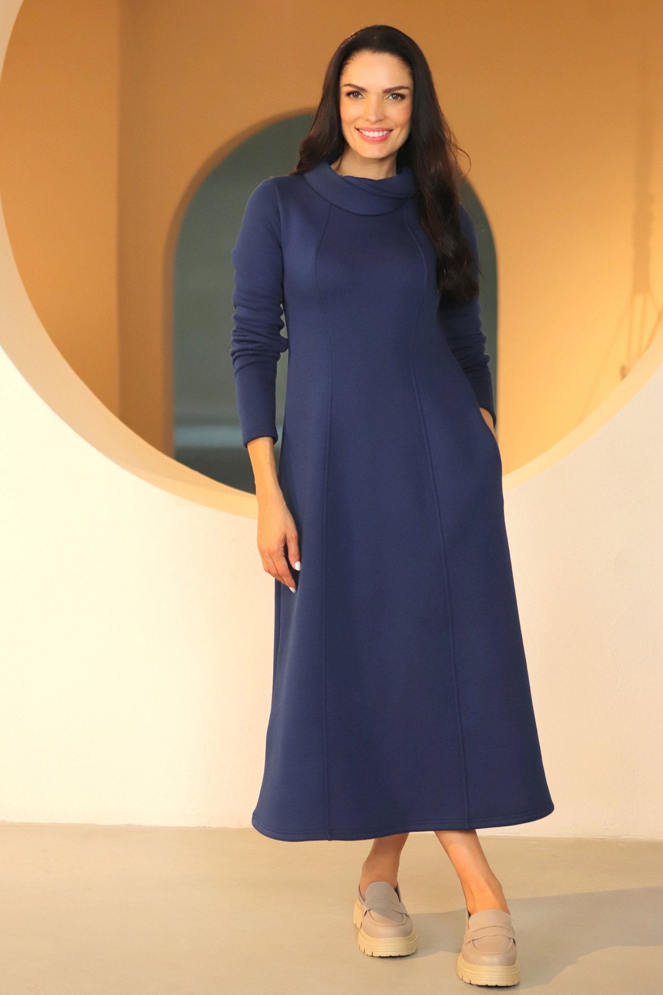 Lega Long Cotton High-Neck Dress Visata Sapphire Blue